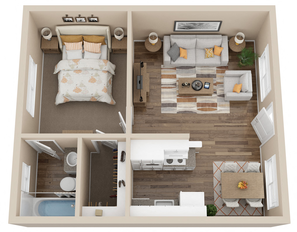 Floor plan of a one bedroom apartments staged with furniture at Woodland Village Apartments , Woodland